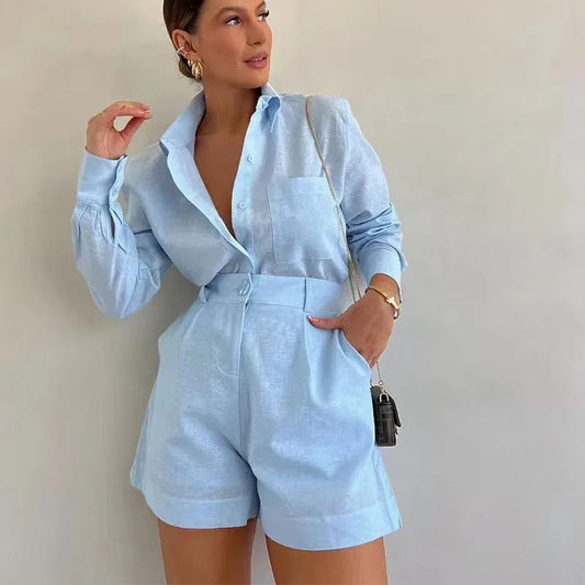 Women's Long Sleeve 2-Piece Set Casual Button Detail Shorts Outfit with Shirt Top Summer Fashion Female Suit