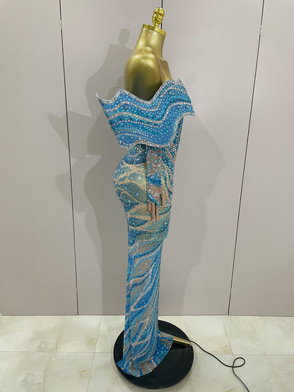 2025 Luxury Sparkly Rhinestones Blue Long Dress With Gloves Women Party Evening Birthday Dresses Celebrate Stage Catwalk Gowns