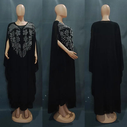 Muslim Dress for Women Loose Batwing Sleeved Beaded Long Abaya Dress Kaftan Abayas Islamic Robe Two Piece Set