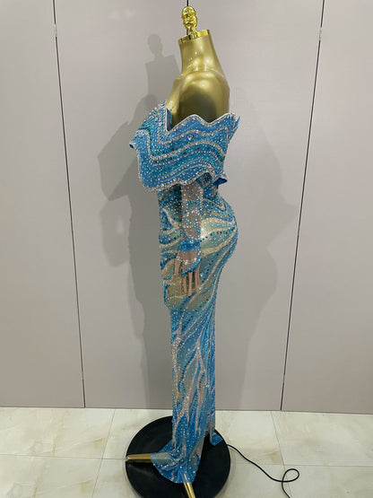 2025 Luxury Sparkly Rhinestones Blue Long Dress With Gloves Women Party Evening Birthday Dresses Celebrate Stage Catwalk Gowns