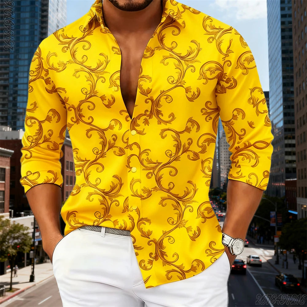 16 Colors Men's Luxury Baroque Gold Pattern Long-Sleeved Shirt Fashionable Retro Print Comfortable Non-Iron Large Size Top