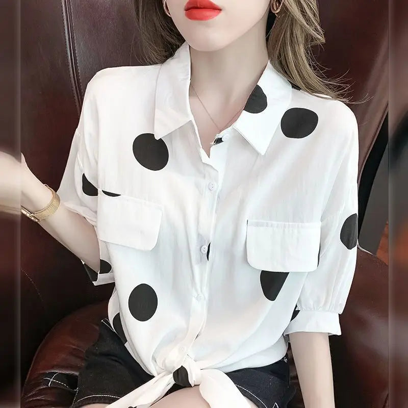 Small Fresh Polka Dot Shirt for Women Summer 2024 New Korean Version Loose Short-Sleeved Top with Lace-Up Chiffon Shirt for Wome