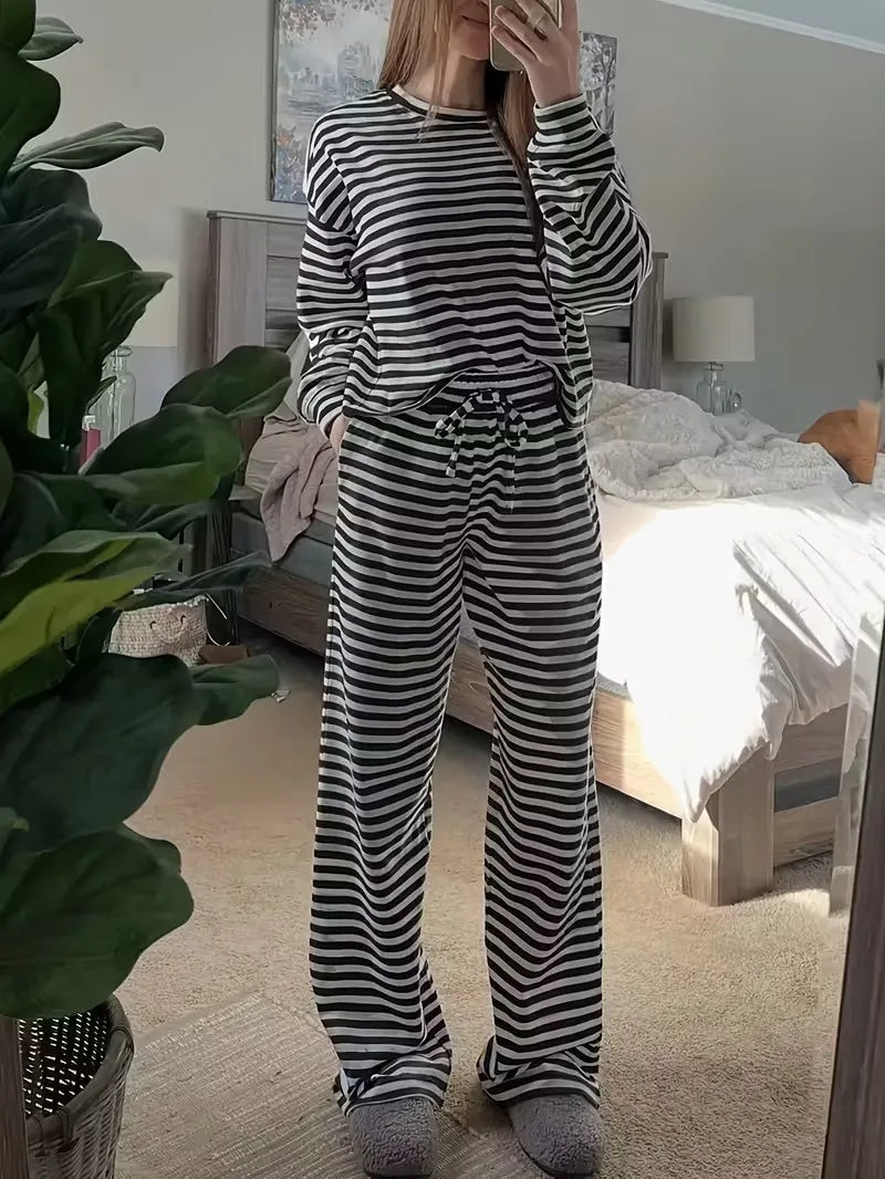 New Simple Striped Suit Simple  Loose Comfortable Lazy Style Long-sleeved Round Neck Pullover Top Lace-up Trousers Two-piece Set