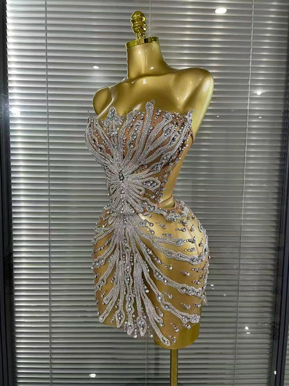 Shining Sequins Women Sexy Strapless Mesh See Through Bodycon Mini Dress Nightclub Party Celebrate Birthday Stage Wear
