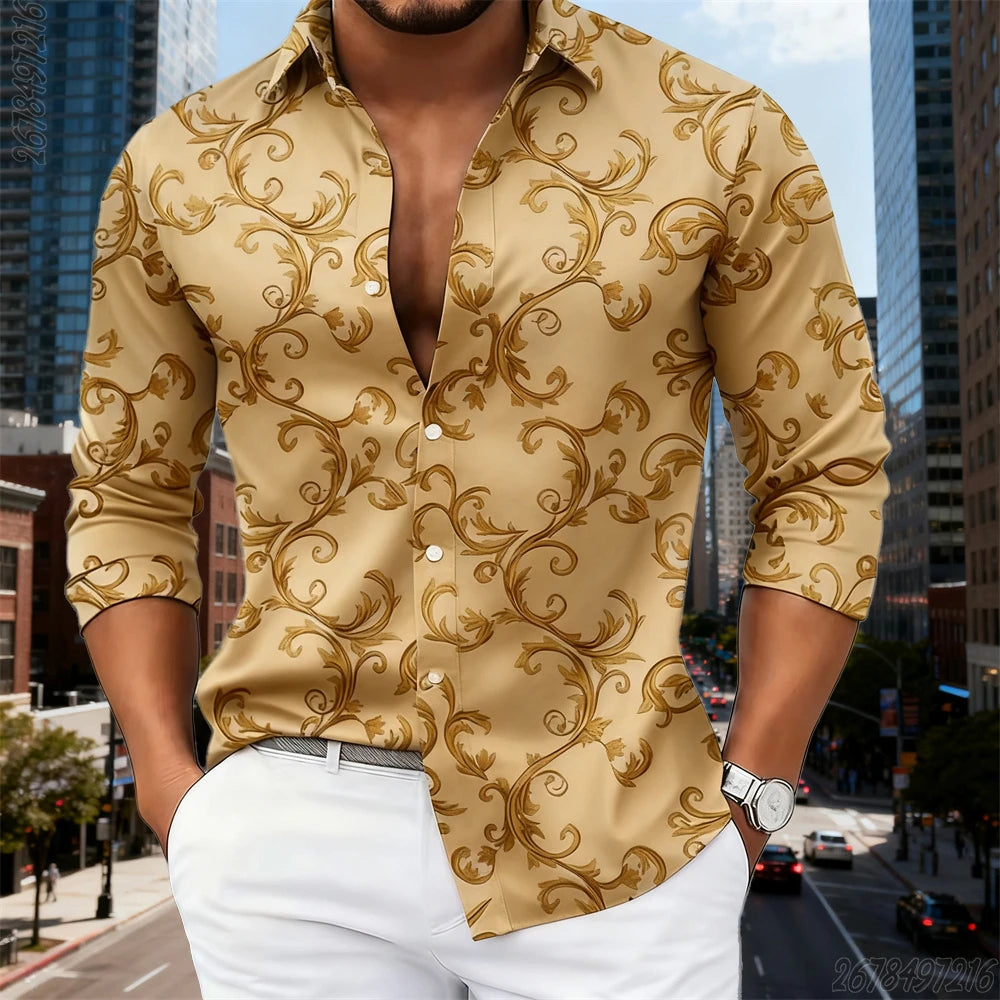 16 Colors Men's Luxury Baroque Gold Pattern Long-Sleeved Shirt Fashionable Retro Print Comfortable Non-Iron Large Size Top