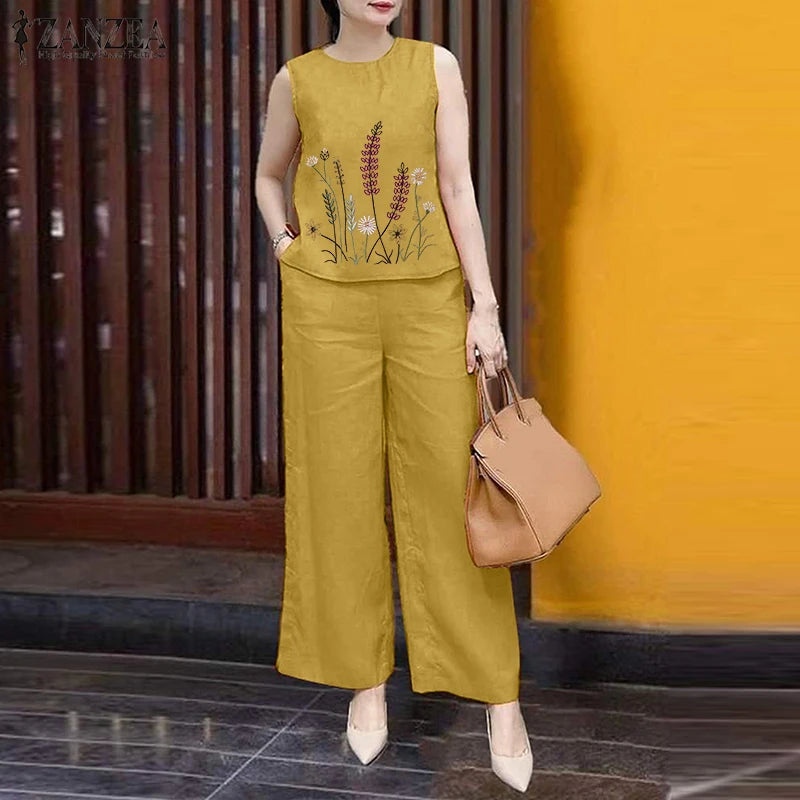 Fashion 2PCS Summer Outfits ZANZEA Sleeveless Embroidery Blouse Pant Sets Women Work OL Matching Sets Casual Holiday Tracksuits