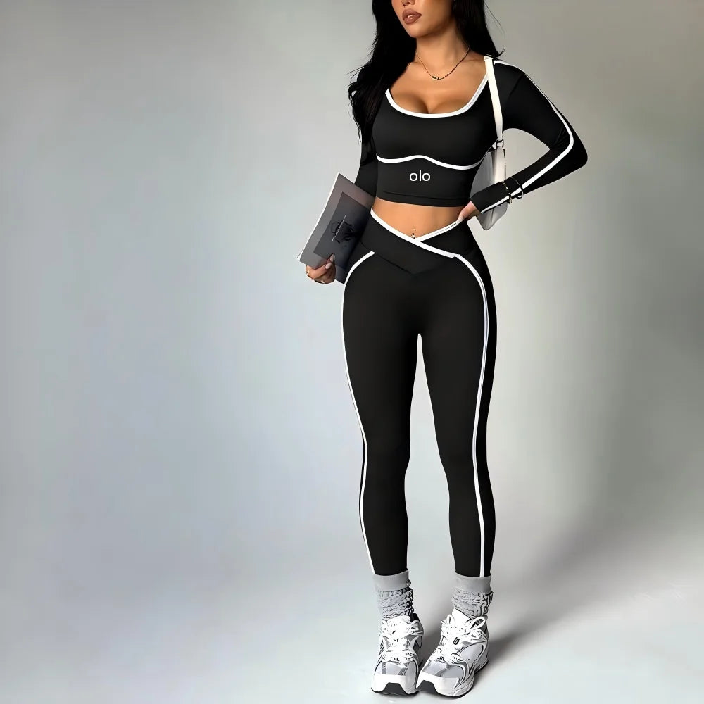 2026 Popular Color Blocking Yoga Set, Tight Yoga Long Sleeved Pants V Waist and Hip Lifting Tight Yoga Pants Luxury Set