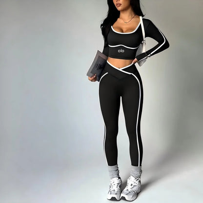 2026 Popular Color Blocking Yoga Set, Tight Yoga Long Sleeved Pants V Waist and Hip Lifting Tight Yoga Pants Luxury Set