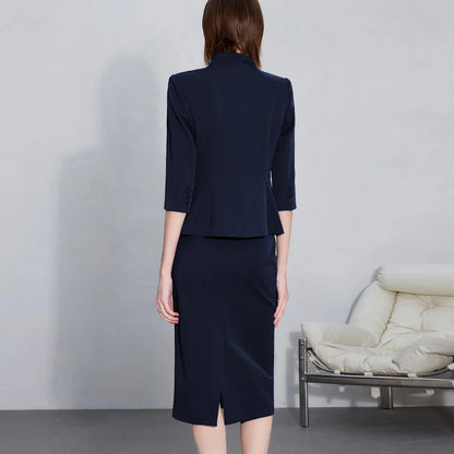 Two-Piece Suit For Women, Navy Blue Luxury Fashion Workplace Two-Piece Skirt Set, Minimalist Elegant Three-Quarter Sleeve Design