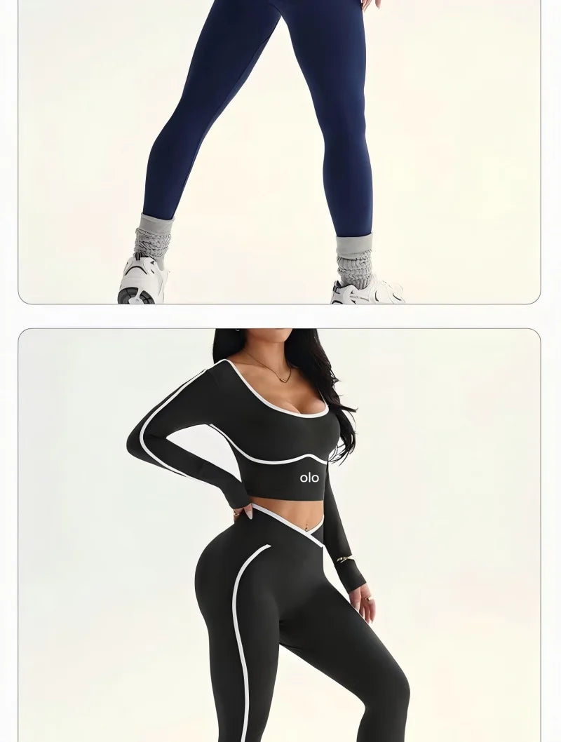 2026 Popular Color Blocking Yoga Set, Tight Yoga Long Sleeved Pants V Waist and Hip Lifting Tight Yoga Pants Luxury Set
