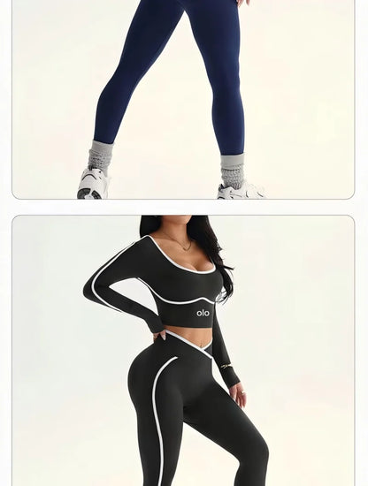 2026 Popular Color Blocking Yoga Set, Tight Yoga Long Sleeved Pants V Waist and Hip Lifting Tight Yoga Pants Luxury Set