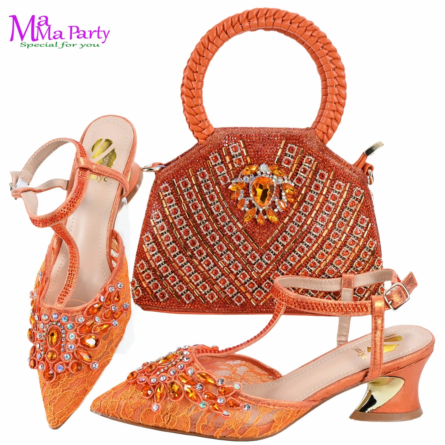 Gold Color New Arrivals Italian Design Nigerian Women Shoes and Bag Set Pointed Toe Slipper with Shinning Crystal for Party