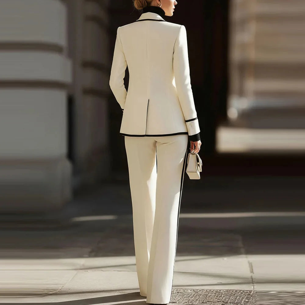 A+ Sale Women's Double Breasted Blazer 2 Piece Set Lapel Long Sleeve Jacket with Long Pants Office Lady Formal Outfits