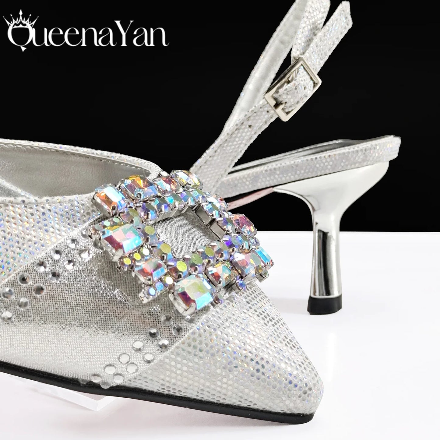 Queena Yan Nigeria Elegant Noble Party Wedding Shoes And Bag Pointed Toe Decorated With Rhinestone Women Heel Shoes