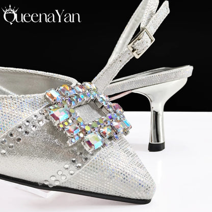 Queena Yan Nigeria Elegant Noble Party Wedding Shoes And Bag Pointed Toe Decorated With Rhinestone Women Heel Shoes