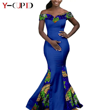 African Couple Matching Clothes for Wedding Women Slim Mermaid Dress Bazin Riche Men Irregular Jacket Pant Sets with Hat Y23C011