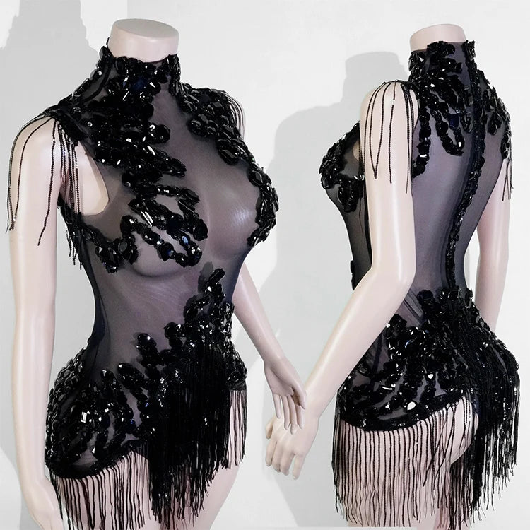 Sexy Mesh Sheer Black Rhinestone Tassel Bodysuit Women Singer Dancer Stage Show Outfit Nightclub Leotard Party Performance Wear