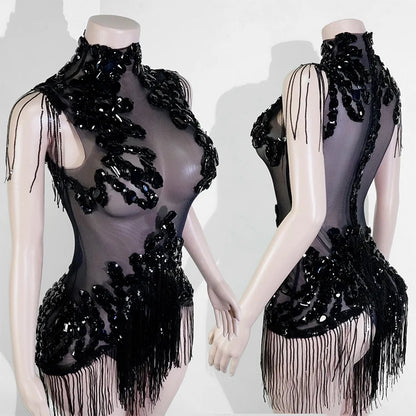 Sexy Mesh Sheer Black Rhinestone Tassel Bodysuit Women Singer Dancer Stage Show Outfit Nightclub Leotard Party Performance Wear
