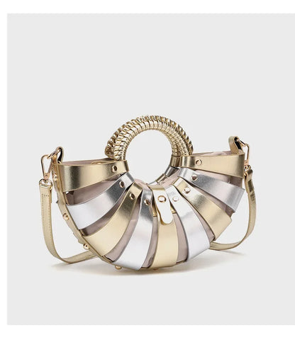 New Women's Fashionable Ring Design Crossbody Bag Hollowed Out Inner Bag Shell Bag Vegetable Basket Handbag Retro Woven Handbag