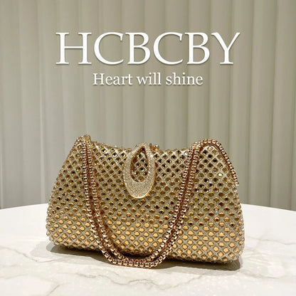 Gold sparkling luxury full diamond box dinner bag, women's fashion temperament high-end handbag clutch