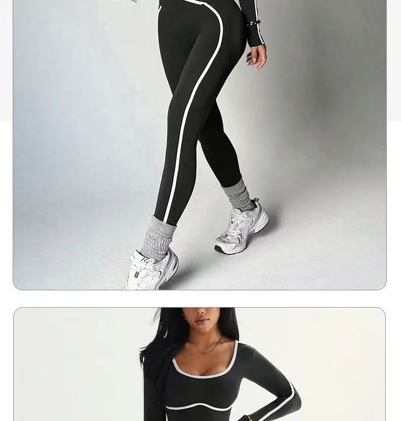 2026 Popular Color Blocking Yoga Set, Tight Yoga Long Sleeved Pants V Waist and Hip Lifting Tight Yoga Pants Luxury Set