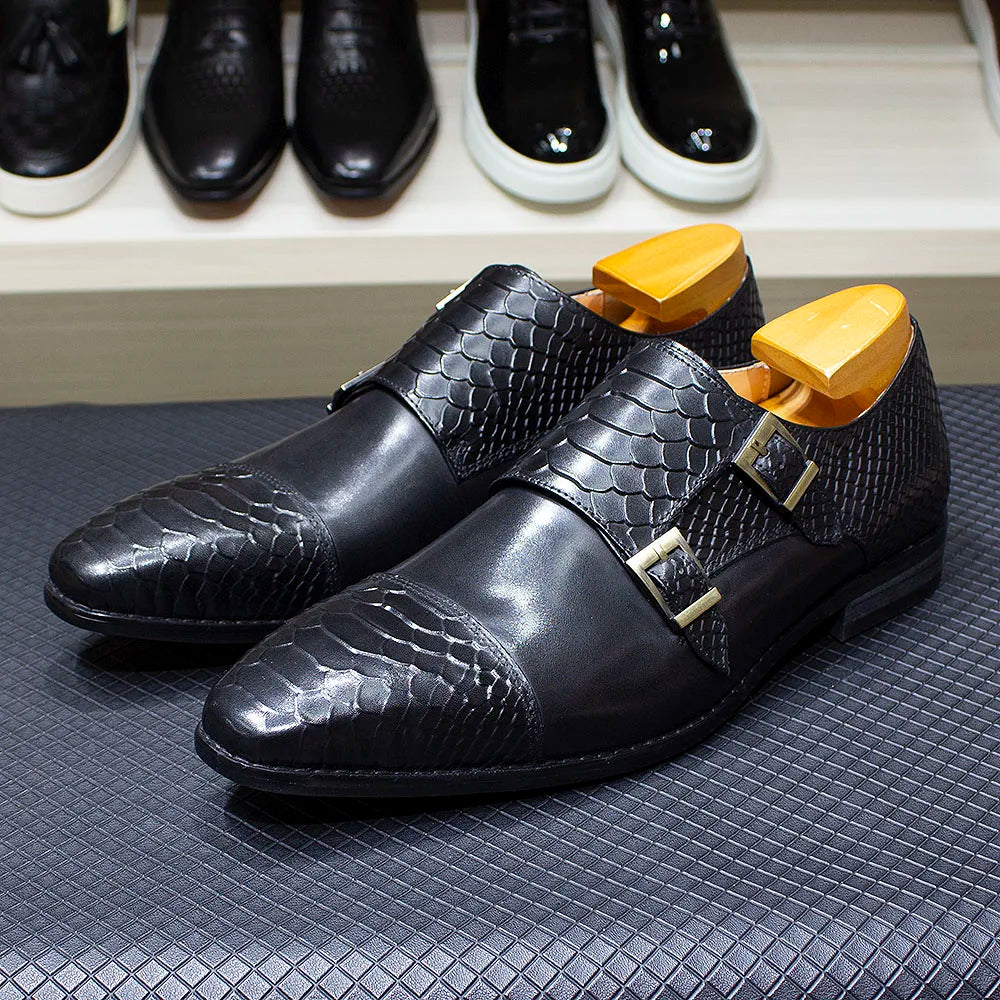 Luxury Double Buckle Monk Strap Men's Dress Shoes Genuine Leather Classic Crocodile Pattern Formal Business Office Footwear