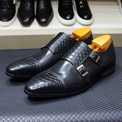 Luxury Double Buckle Monk Strap Men's Dress Shoes Genuine Leather Classic Crocodile Pattern Formal Business Office Footwear