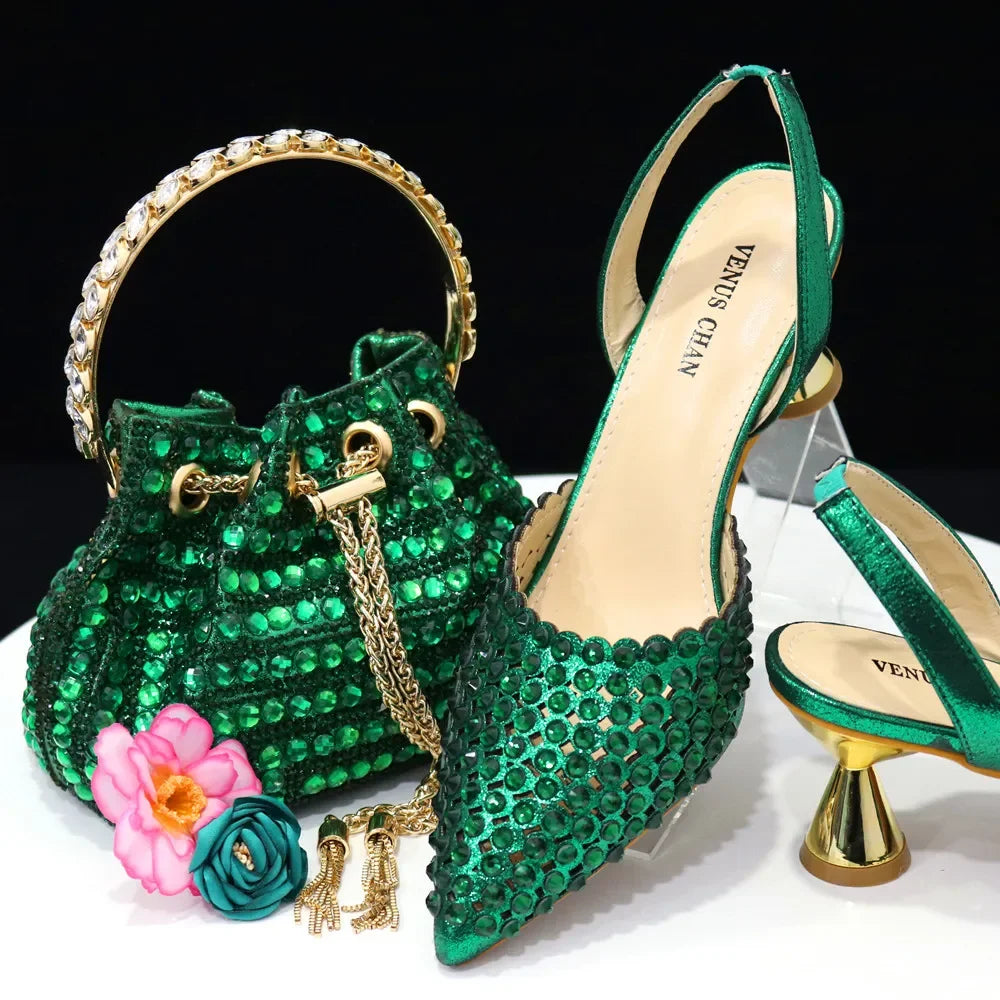Venus Chan Pointed Toe Heels for Women 2023 Elegant Party Wine Color Full Diamond Pumps Italian Shoes and Bags Matching Set