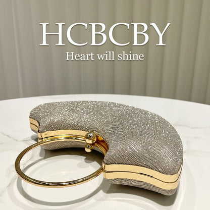 Gold shiny elegant water ripple ring handbag, women's fashion temperament dinner bag, bridal evening dress bag