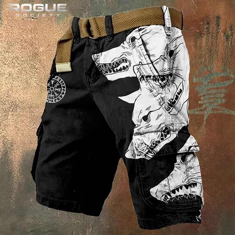 Norse Raven Printed Cargo Shorts Men Y2K Gothic Viking Embroidery Tree Graphic Harajuku Streetwear Loose Washed Summer Bottoms
