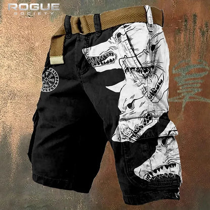 Norse Raven Printed Cargo Shorts Men Y2K Gothic Viking Embroidery Tree Graphic Harajuku Streetwear Loose Washed Summer Bottoms