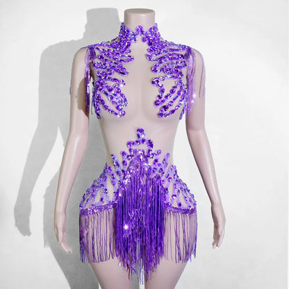 Sexy Mesh Sheer Black Rhinestone Tassel Bodysuit Women Singer Dancer Stage Show Outfit Nightclub Leotard Party Performance Wear
