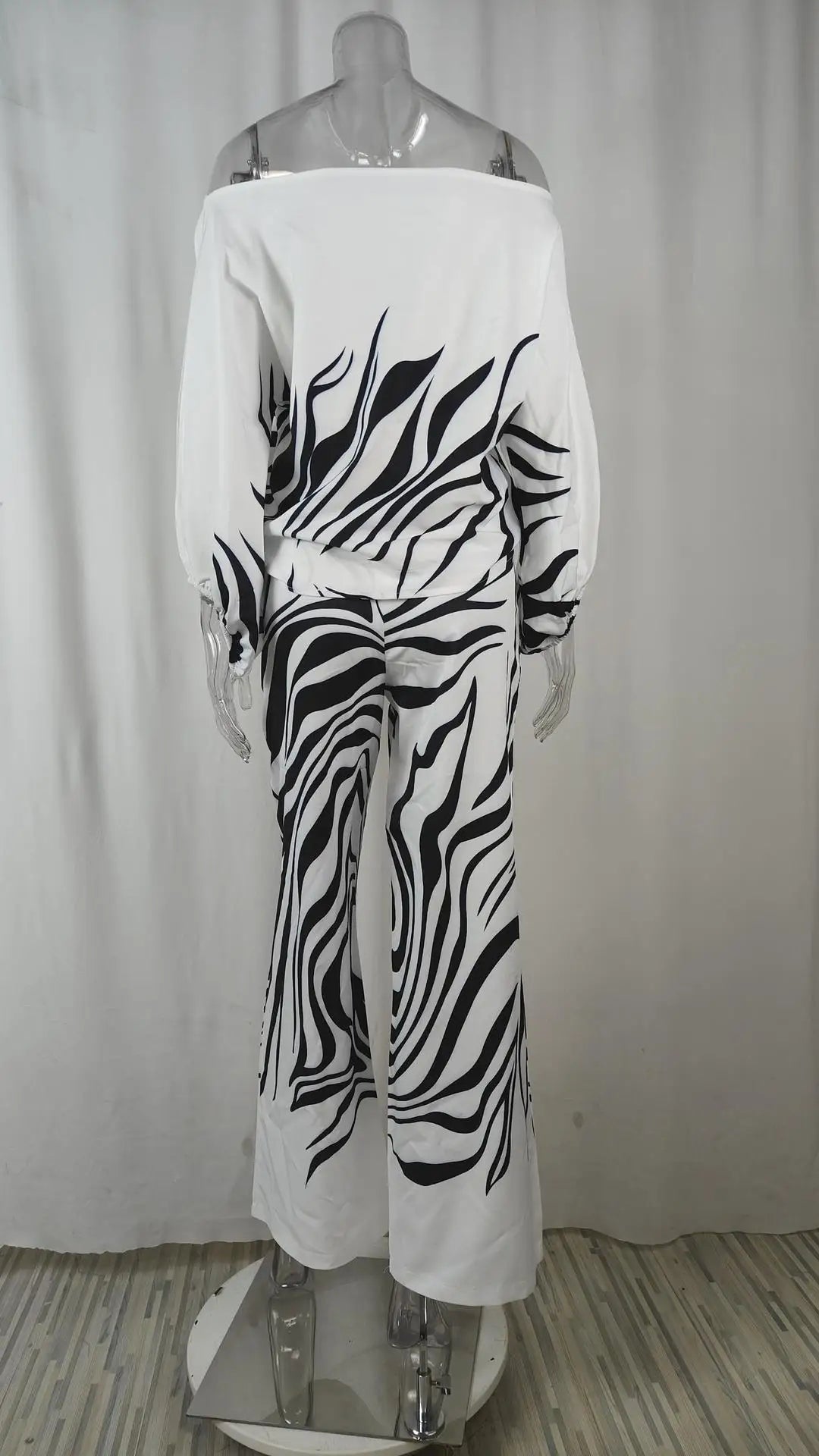 VEITCHE Women Print Outfit  Sleeve Off Shoulder Long Sleeve Blouse Office Lady 2 Piece Sets Spring Autumn Wide Leg Pants Suit