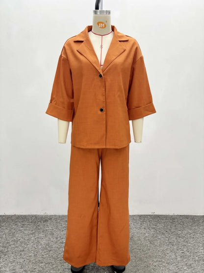 Wmstar Two Piece Set Women Wholesale Lapel Loose Single Breasted Shirt High Waisted Straight Leg Pants Casual Elegant Suit