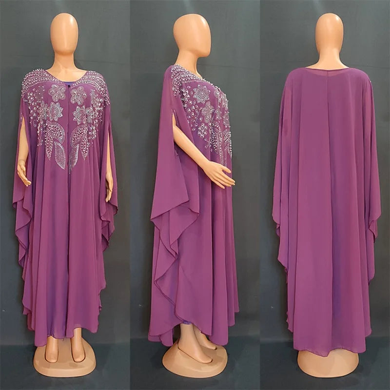 Muslim Dress for Women Loose Batwing Sleeved Beaded Long Abaya Dress Kaftan Abayas Islamic Robe Two Piece Set
