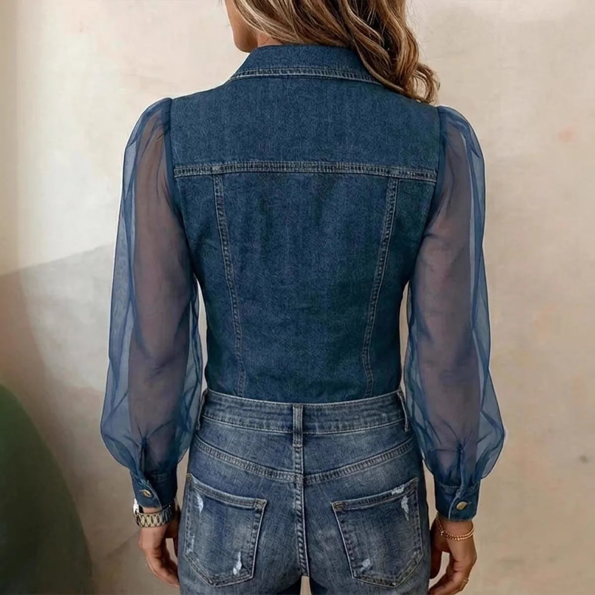 Casual Women's Denim Mesh Puff Sleeve Shirt Blue Jean Button Down Blouse with Pockets Sheer Sleeve Casual Vintage Blouse To