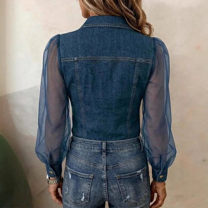 Casual Women's Denim Mesh Puff Sleeve Shirt Blue Jean Button Down Blouse with Pockets Sheer Sleeve Casual Vintage Blouse To