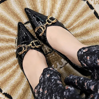 Women 4.5cm High Heels Elegant Patent Leather Pumps Female Sexy Metal Buckle High Heels Lady Fashion Pointed Toe Shallow Shoes