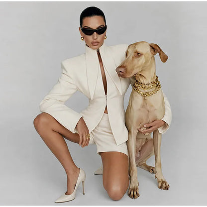 Elegant Blazer Women's Top Shorts Suit Long Sleeve Stand Collar Solid Top Short Pants 2026 Summer Autumn Chic Female Outfits
