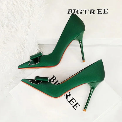 BIGTREE Fashion Korean Version 10cm High Heels Pumps Silk Shallow Pointed Toe Crystal Butterfly BowKnots Lady Red Purple Shoes