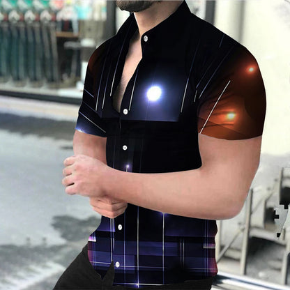Summer Fashion Men's Casual Oversized Shirts Turn-down Collar Buttoned Shirt Stripe Print Short Sleeve Tops Party Mens Clothing