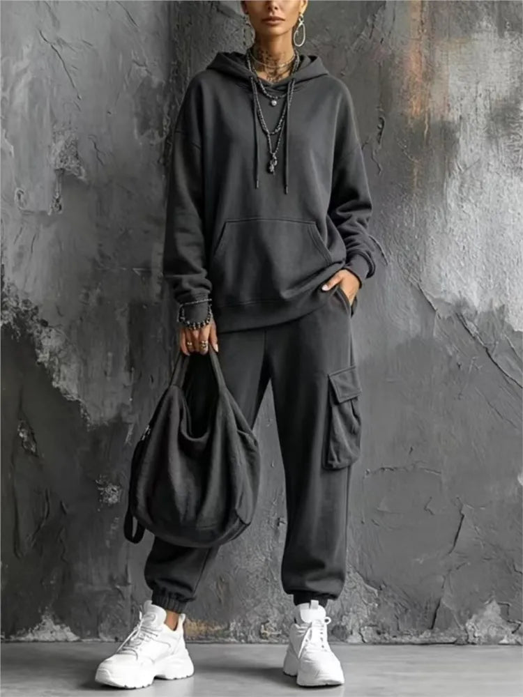 Autumn Winter New Casual Solid Color Hooded Sweatshirt Trousers Set 2026 Fashion Pocket Loose Sports Trousers Female 2 Piece Set