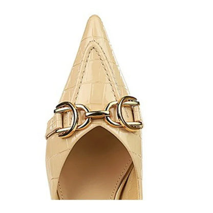 Women 4.5cm High Heels Elegant Patent Leather Pumps Female Sexy Metal Buckle High Heels Lady Fashion Pointed Toe Shallow Shoes
