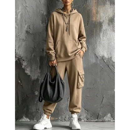 Autumn Winter New Casual Solid Color Hooded Sweatshirt Trousers Set 2026 Fashion Pocket Loose Sports Trousers Female 2 Piece Set