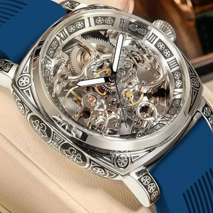 A MEN'S Black Zinc Alloy Business Style Luminous Carved Fully Automatic Tourbillon Hollow Mechanical Watch