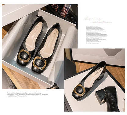 Plus Size 42 43 Women Pumps Med Heel Square Toe Pumps Office Lady Imitation Crocodile Leahter Shoes Big Gold Metal Chain Slip On