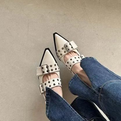 Women's New French Style Pointed Toe Mary Jane Shoes Retro Medium Thick Heel Shoes for Women with Skirts and Small Leather Shoes