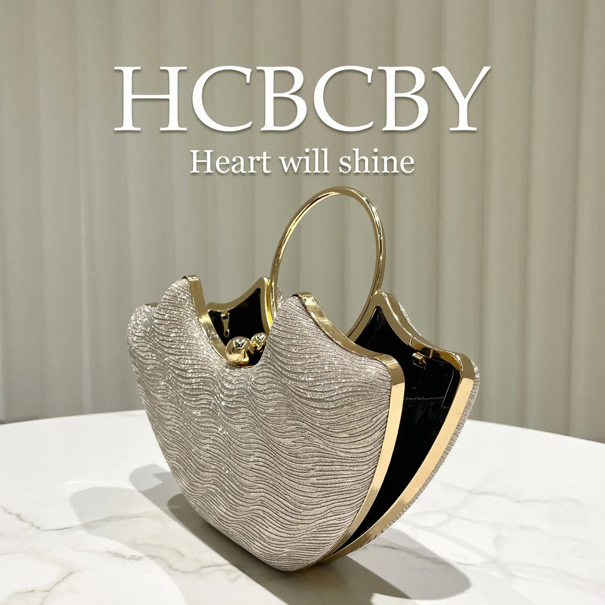 Gold shiny elegant water ripple ring handbag, women's fashion temperament dinner bag, bridal evening dress bag