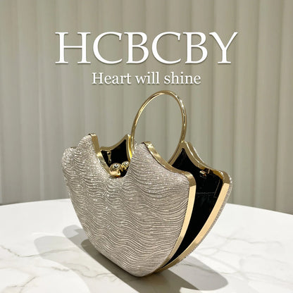 Gold shiny elegant water ripple ring handbag, women's fashion temperament dinner bag, bridal evening dress bag