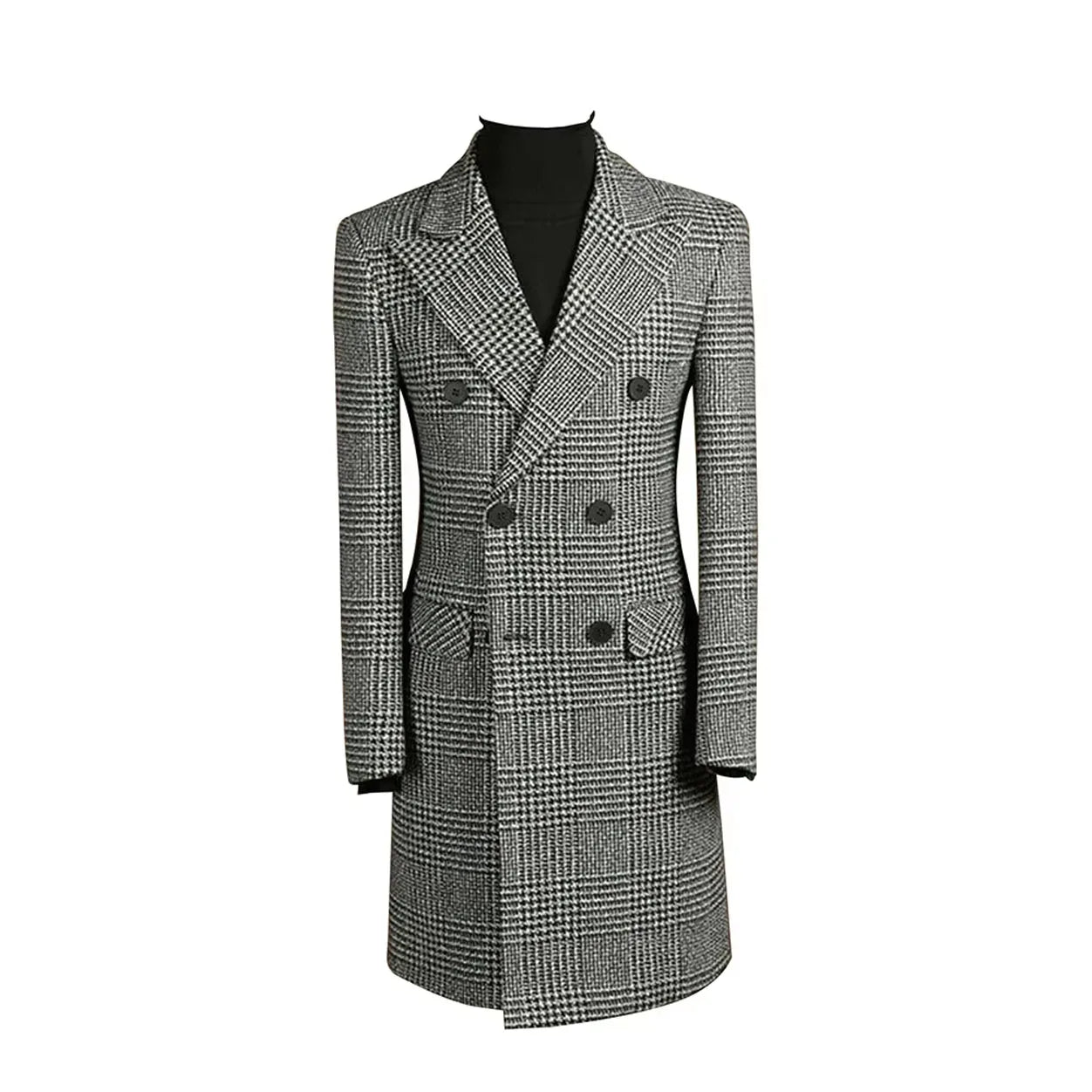 Autumn Winter Houndstooth Men's Long Coat Double Breasted Classic Jacket for Wedding Formal Blazers Groom Business Tuxedos
